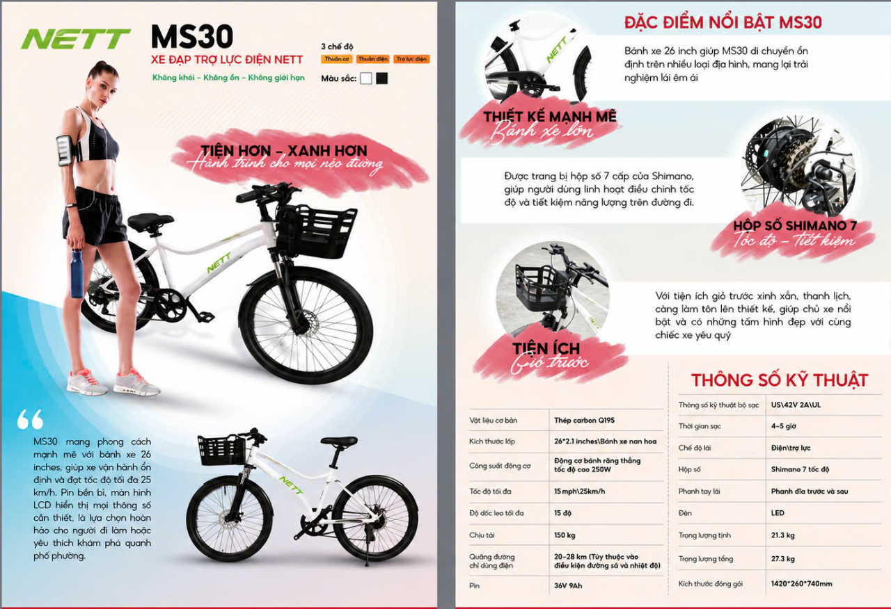 Xe đạp trợ lực điện NETT MS30 – Pin Lithium 36V 9A, đi 60km, 3 chế độ lái